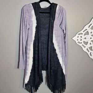Long soft fringed hooded cardigan oversized long sleeves gray lavendar knit